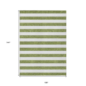 9' X 12' Olive Green Striped Washable Non Skid Indoor Outdoor Area Rug
