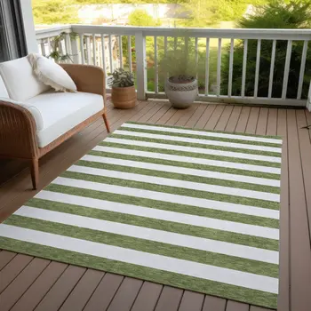9' X 12' Olive Green Striped Washable Non Skid Indoor Outdoor Area Rug