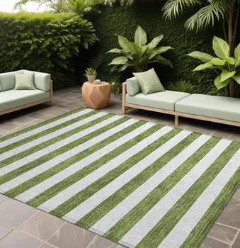 10' X 14' Olive Green Striped Washable Non Skid Indoor Outdoor Area Rug