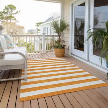 9' X 12' Orange and White Striped Washable Non Skid Indoor Outdoor Area Rug