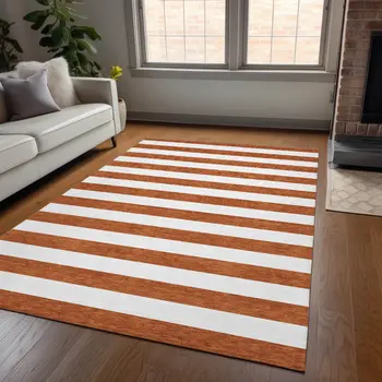 8' X 10' Orange Striped Washable Non Skid Indoor Outdoor Area Rug