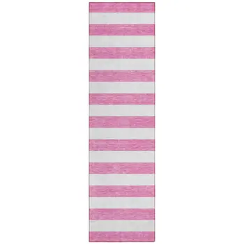2' X 8' Pink and White Striped Washable Indoor Outdoor Runner Rug