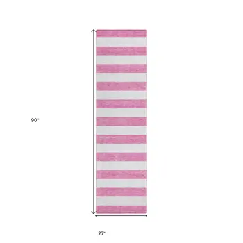 2' X 8' Pink and White Striped Washable Indoor Outdoor Runner Rug