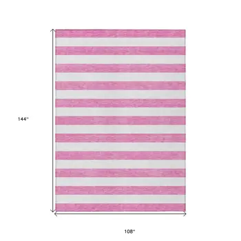 9' X 12' Pink and White Striped Washable Non Skid Indoor Outdoor Area Rug