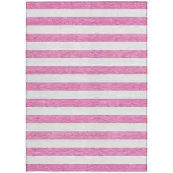 10' X 14' Pink and White Striped Washable Non Skid Indoor Outdoor Area Rug
