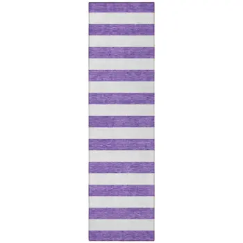 8' Runner Purple and White Striped Washable Non Skid Indoor Outdoor Runner Rug