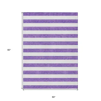 5' X 8' Purple and White Striped Washable Non Skid Indoor Outdoor Area Rug