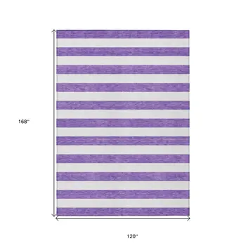 10' X 14' Purple and White Striped Washable Non Skid Indoor Outdoor Area Rug