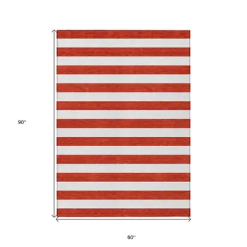 5' X 8' Red and White Striped Washable Non Skid Indoor Outdoor Area Rug