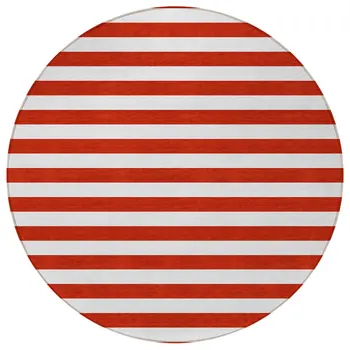 8' Round Red and White Round Striped Washable Non Skid Indoor Outdoor Area Rug