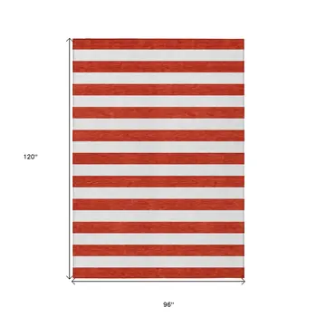8' X 10' Red and White Striped Washable Non Skid Indoor Outdoor Area Rug