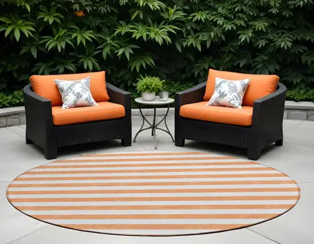 8' Round Salmon Round Striped Washable Non Skid Indoor Outdoor Area Rug