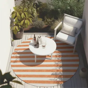 8' Round Salmon Round Striped Washable Non Skid Indoor Outdoor Area Rug