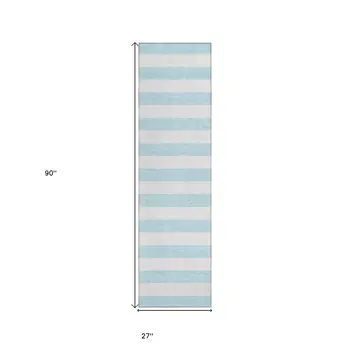 8' Runner Sky Blue Striped Washable Non Skid Indoor Outdoor Runner Rug