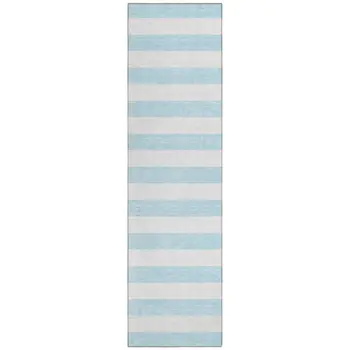 8' Runner Sky Blue Striped Washable Non Skid Indoor Outdoor Runner Rug