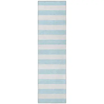 8' Runner Sky Blue Striped Washable Non Skid Indoor Outdoor Runner Rug