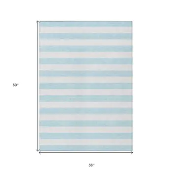 3' X 5' Sky Blue Striped Washable Non Skid Indoor Outdoor Area Rug