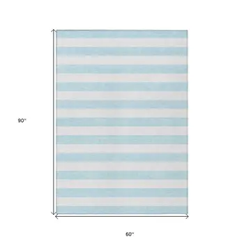 5' X 8' Sky Blue Striped Washable Non Skid Indoor Outdoor Area Rug