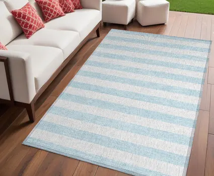 5' X 8' Sky Blue Striped Washable Non Skid Indoor Outdoor Area Rug