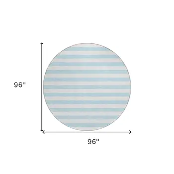 8' Round Sky Blue Round Striped Washable Non Skid Indoor Outdoor Area Rug