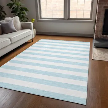 8' X 10' Blue and White Striped Washable Indoor Outdoor Area Rug