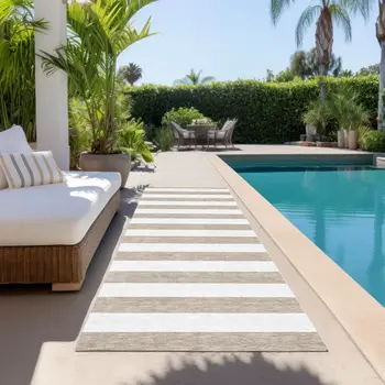2' X 8' Taupe and White Striped Washable Indoor Outdoor Runner Rug