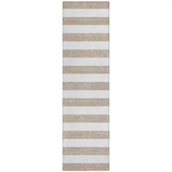 2' X 8' Taupe and White Striped Washable Indoor Outdoor Runner Rug