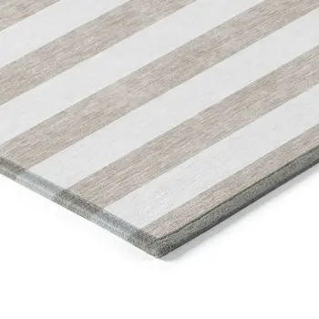 2' X 8' Taupe and White Striped Washable Indoor Outdoor Runner Rug