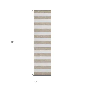 2' X 8' Taupe and White Striped Washable Indoor Outdoor Runner Rug