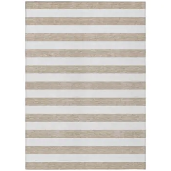 3' X 5' Taupe and White Striped Washable Indoor Outdoor Area Rug