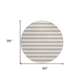8' X 8' Taupe and White Round Striped Washable Indoor Outdoor Area Rug