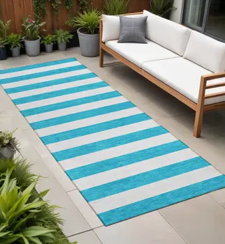 2' X 8' Teal and White Striped Washable Indoor Outdoor Runner Rug