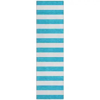 2' X 8' Teal and White Striped Washable Indoor Outdoor Runner Rug