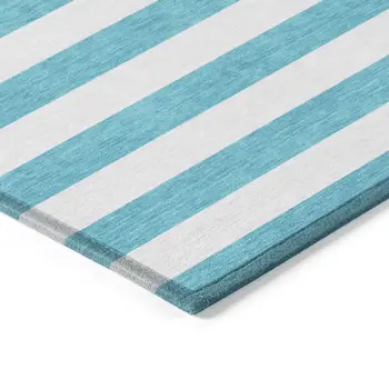 2' X 8' Teal and White Striped Washable Indoor Outdoor Runner Rug
