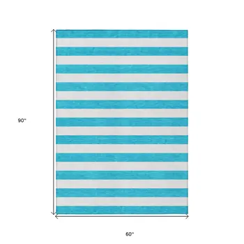 5' X 8' Teal and White Striped Washable Indoor Outdoor Area Rug