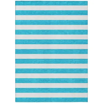 5' X 8' Teal and White Striped Washable Indoor Outdoor Area Rug
