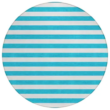 8' X 8' Teal and White Round Striped Washable Indoor Outdoor Area Rug