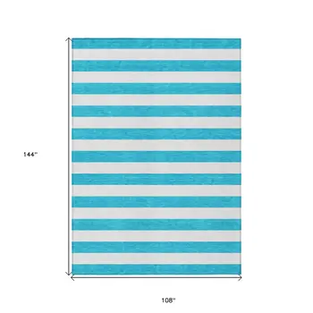 9' X 12' Teal and White Striped Washable Indoor Outdoor Area Rug