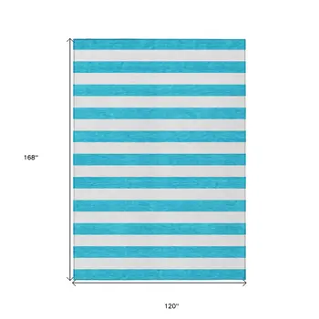 10' X 14' Teal and White Striped Washable Indoor Outdoor Area Rug
