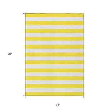 3' X 5' Yellow and White Striped Washable Indoor Outdoor Area Rug