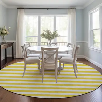 8' X 8' Yellow and White Round Striped Washable Indoor Outdoor Area Rug