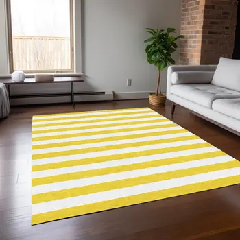 9' X 12' Yellow and White Striped Washable Indoor Outdoor Area Rug