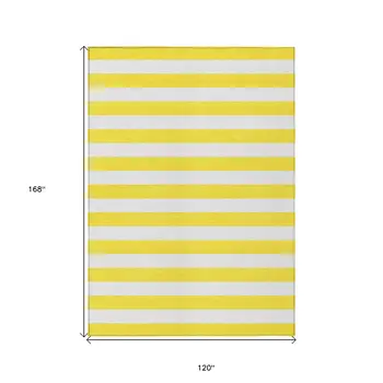 10' X 14' Yellow and White Striped Washable Indoor Outdoor Area Rug
