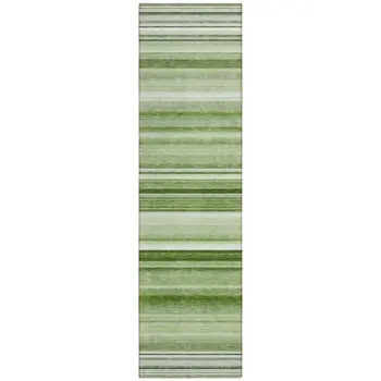 2' X 8' Artichoke Green Striped Washable Indoor Outdoor Runner Rug