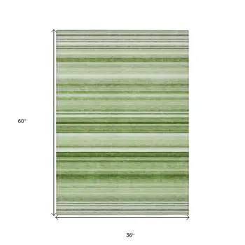 3' X 5' Artichoke Green Striped Washable Non Skid Indoor Outdoor Area Rug