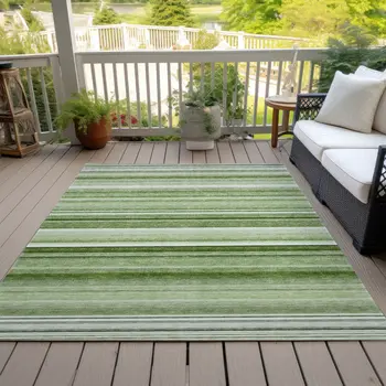 3' X 5' Artichoke Green Striped Washable Non Skid Indoor Outdoor Area Rug
