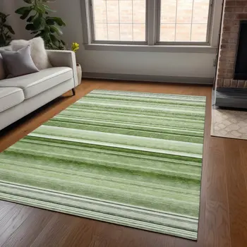 3' X 5' Artichoke Green Striped Washable Non Skid Indoor Outdoor Area Rug