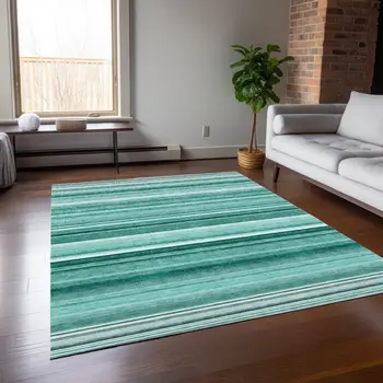 3' X 5' Aqua Striped Washable Indoor Outdoor Area Rug