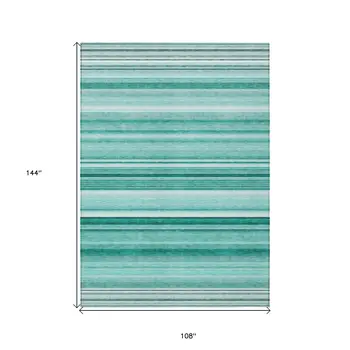 9' X 12' Aqua Striped Washable Indoor Outdoor Area Rug