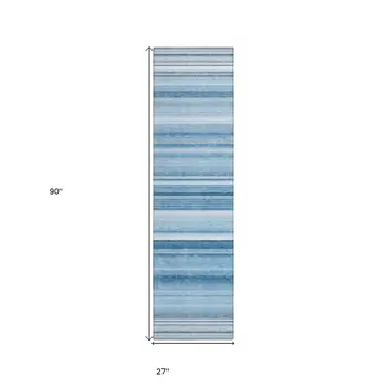 8' Runner Blue Striped Washable Non Skid Indoor Outdoor Runner Rug
